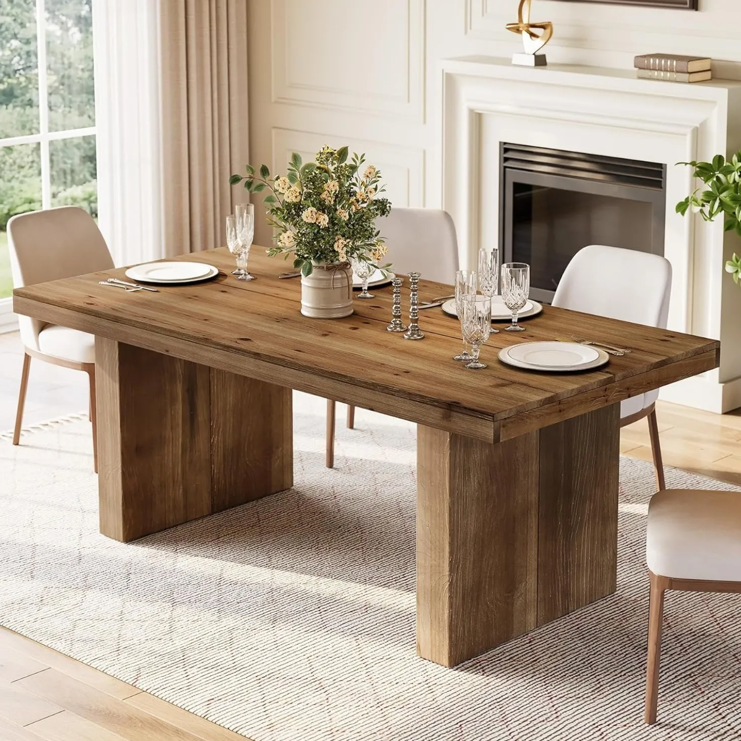 63" Rectangle Dining Table, Farmhouse Solid Wood Kitchen Dinner Table for 4-6 People