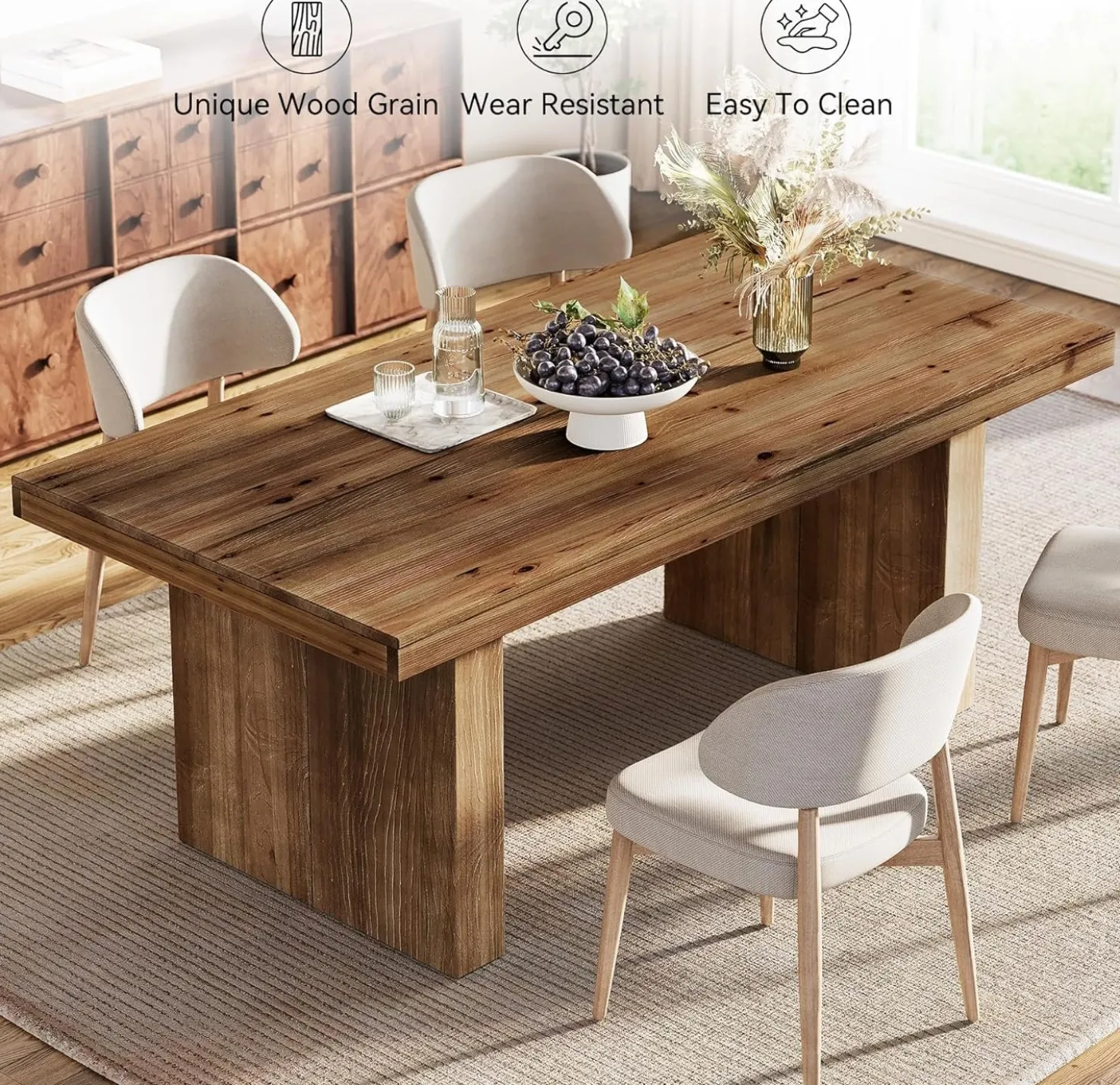 63" Rectangle Dining Table, Farmhouse Solid Wood Kitchen Dinner Table for 4-6 People