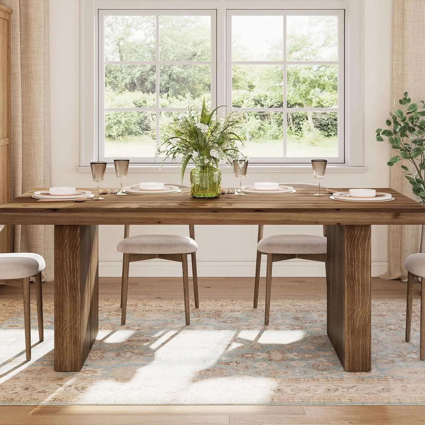 63" Rectangle Dining Table, Farmhouse Solid Wood Kitchen Dinner Table for 4-6 People
