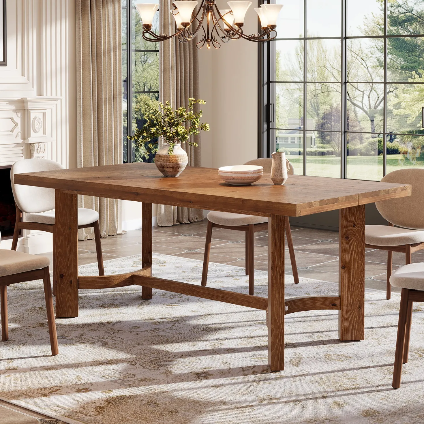 63" Rectangle Dining Table, Solid Wood Farmhouse Kitchen Table for 4-6