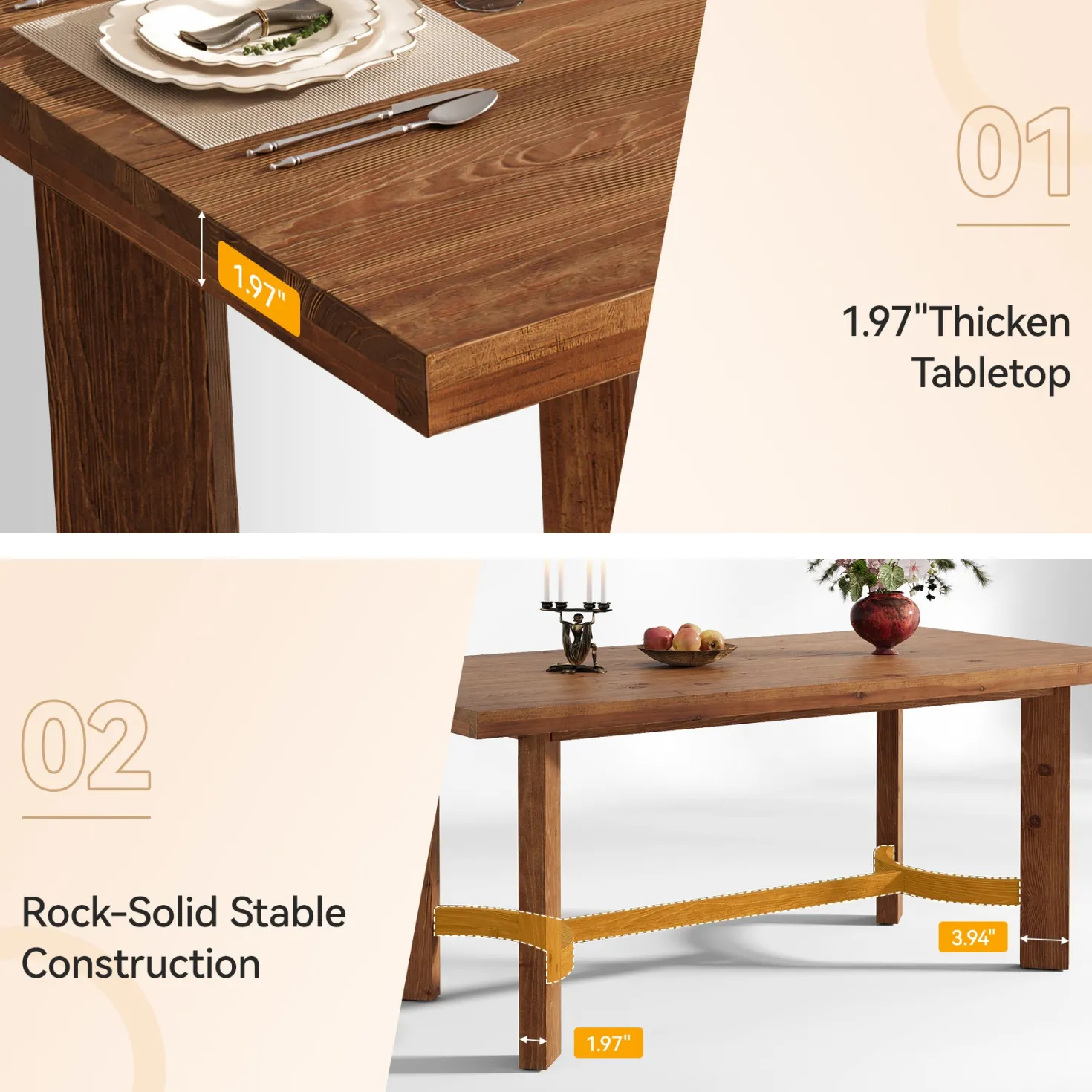 63" Rectangle Dining Table, Solid Wood Farmhouse Kitchen Table for 4-6