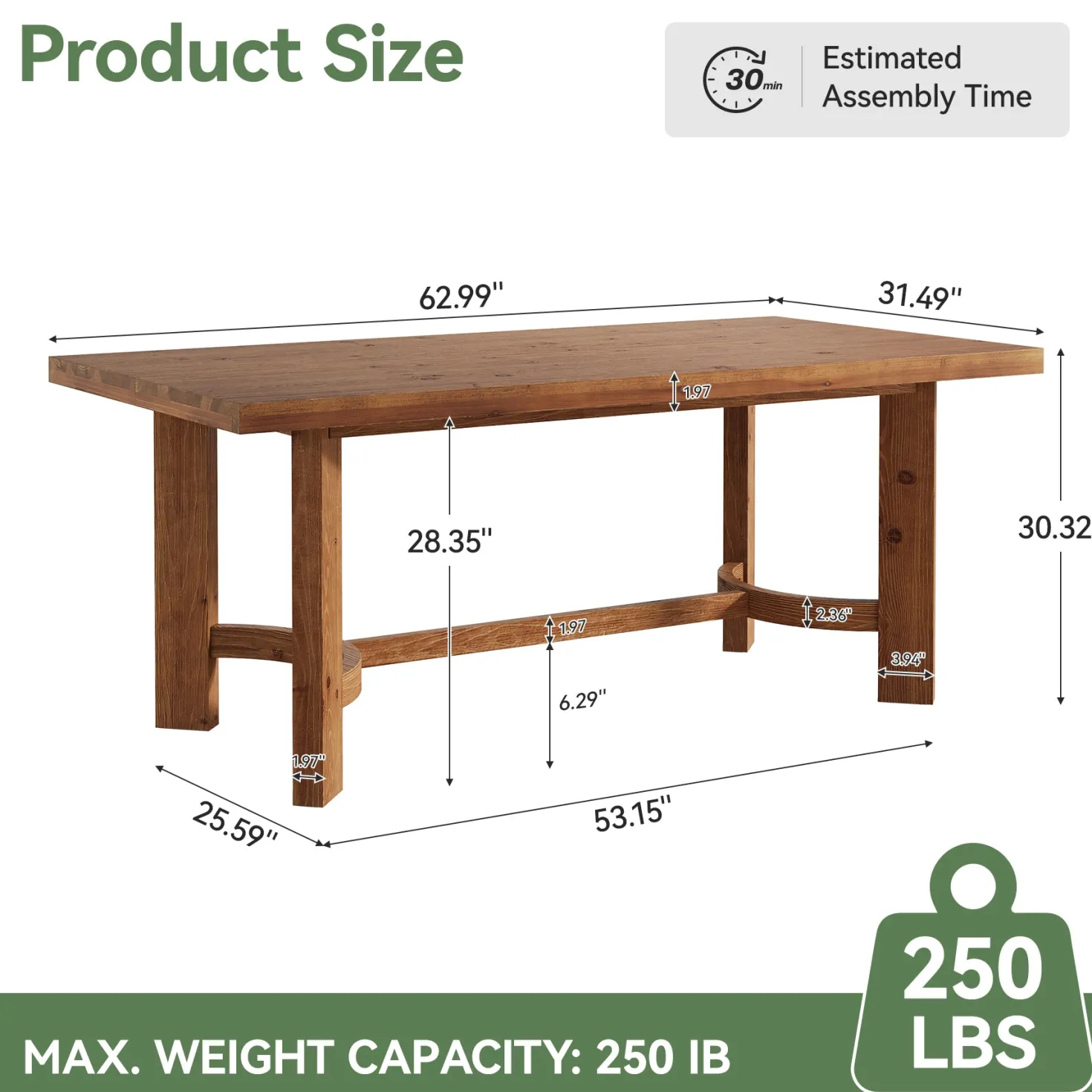 63" Rectangle Dining Table, Solid Wood Farmhouse Kitchen Table for 4-6