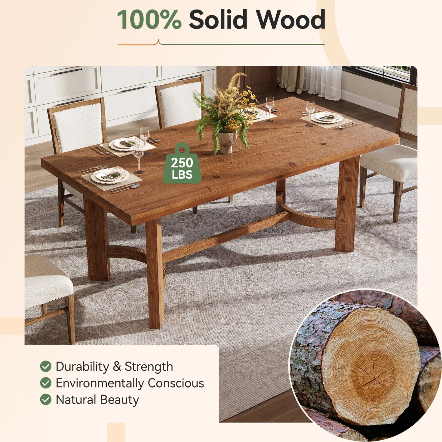 63" Rectangle Dining Table, Solid Wood Farmhouse Kitchen Table for 4-6