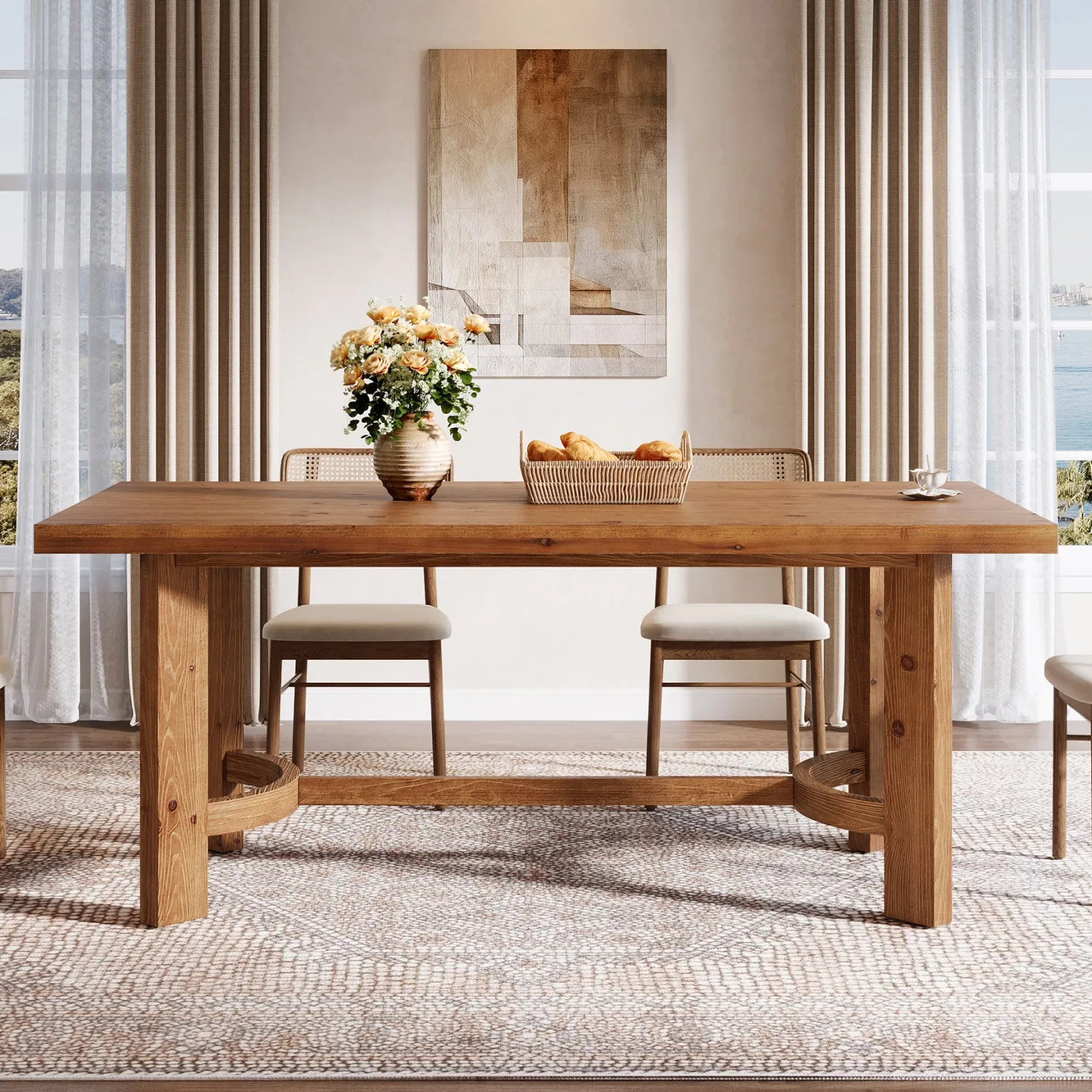 63" Rectangle Dining Table, Solid Wood Farmhouse Kitchen Table for 4-6
