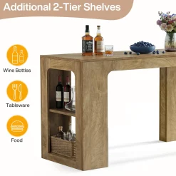 63" Rectangular Bar Table, Counter Height Pub Cocktail Table with 2 Shelves
