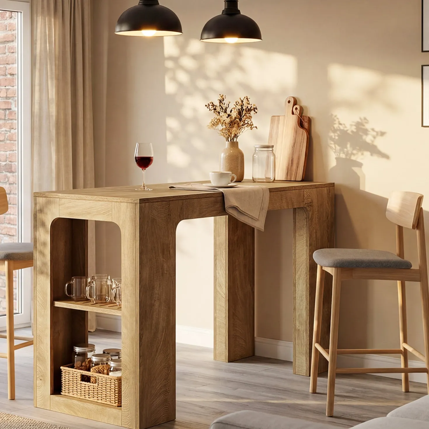 63" Rectangular Bar Table, Counter Height Pub Cocktail Table with 2 Shelves