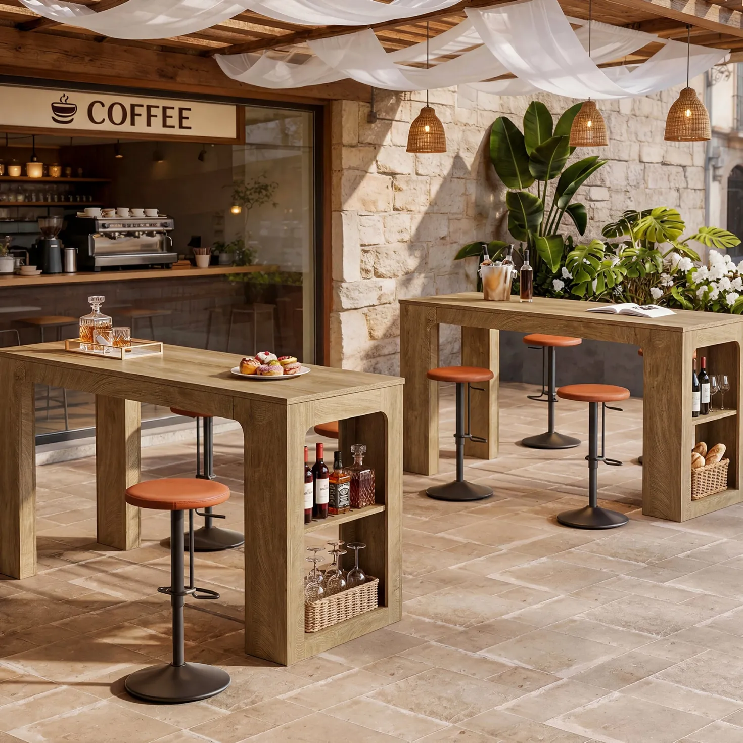 63" Rectangular Bar Table, Counter Height Pub Cocktail Table with 2 Shelves