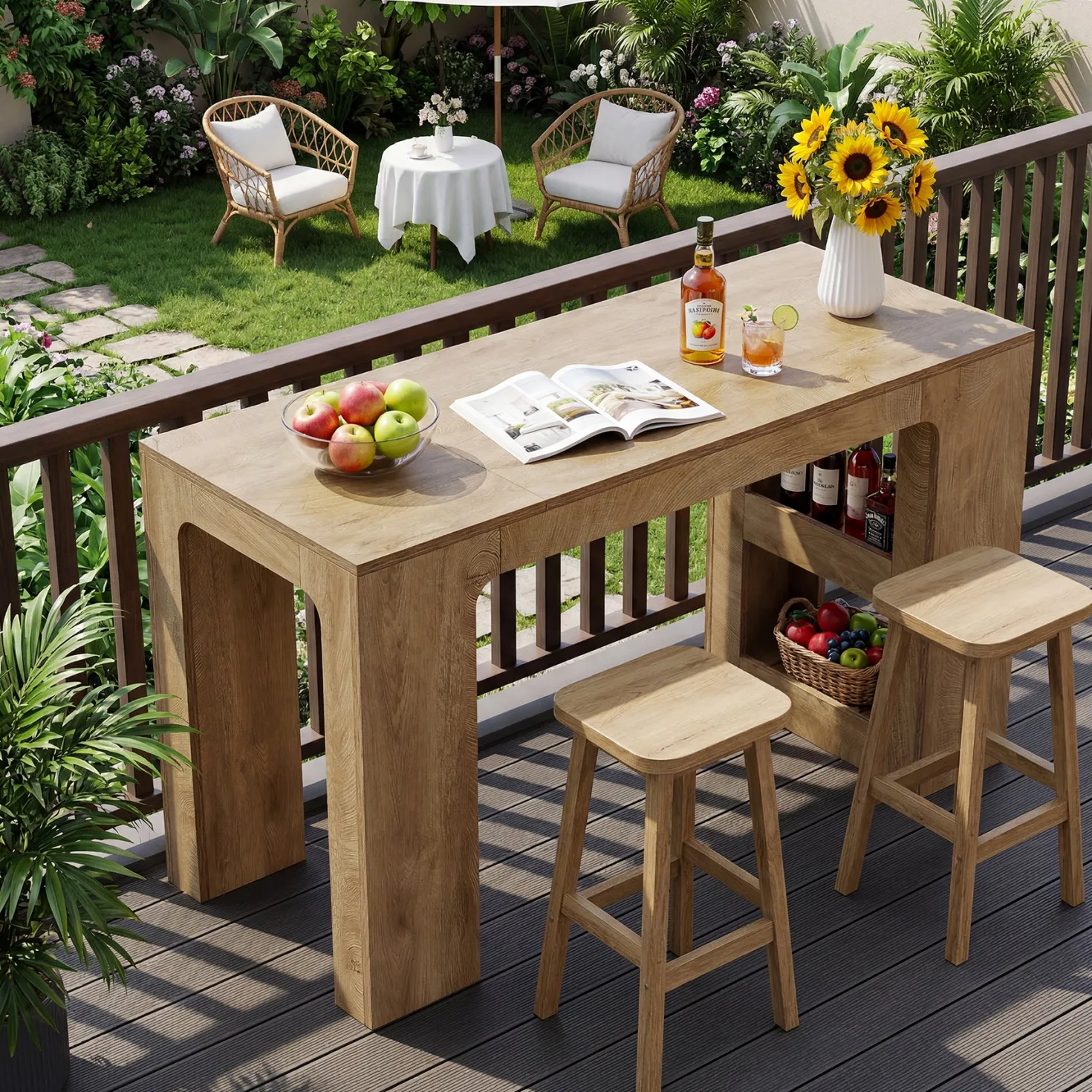 63" Rectangular Bar Table, Counter Height Pub Cocktail Table with 2 Shelves