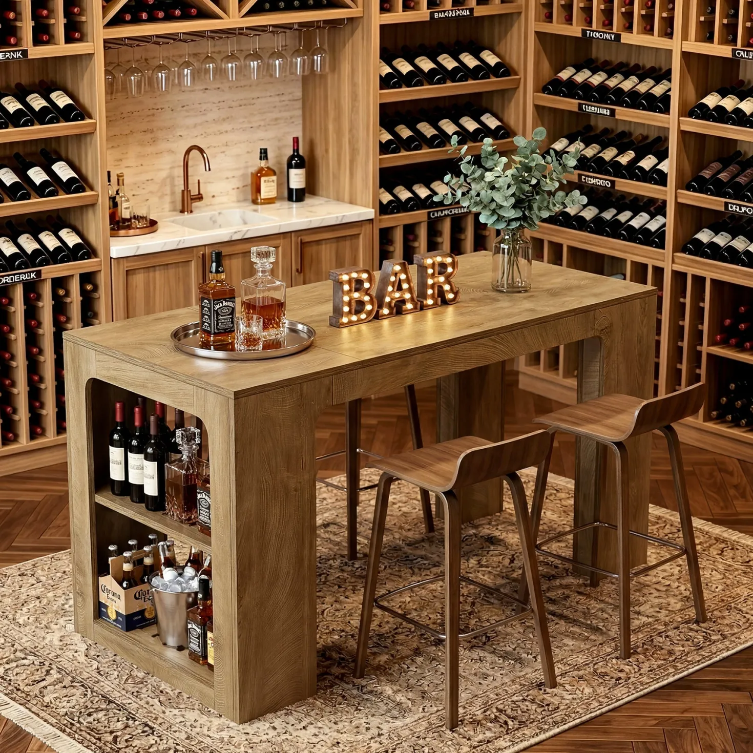 63" Rectangular Bar Table, Counter Height Pub Cocktail Table with 2 Shelves