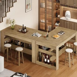 63" Rectangular Bar Table, Counter Height Pub Table with Storage Shelves for Home Bar