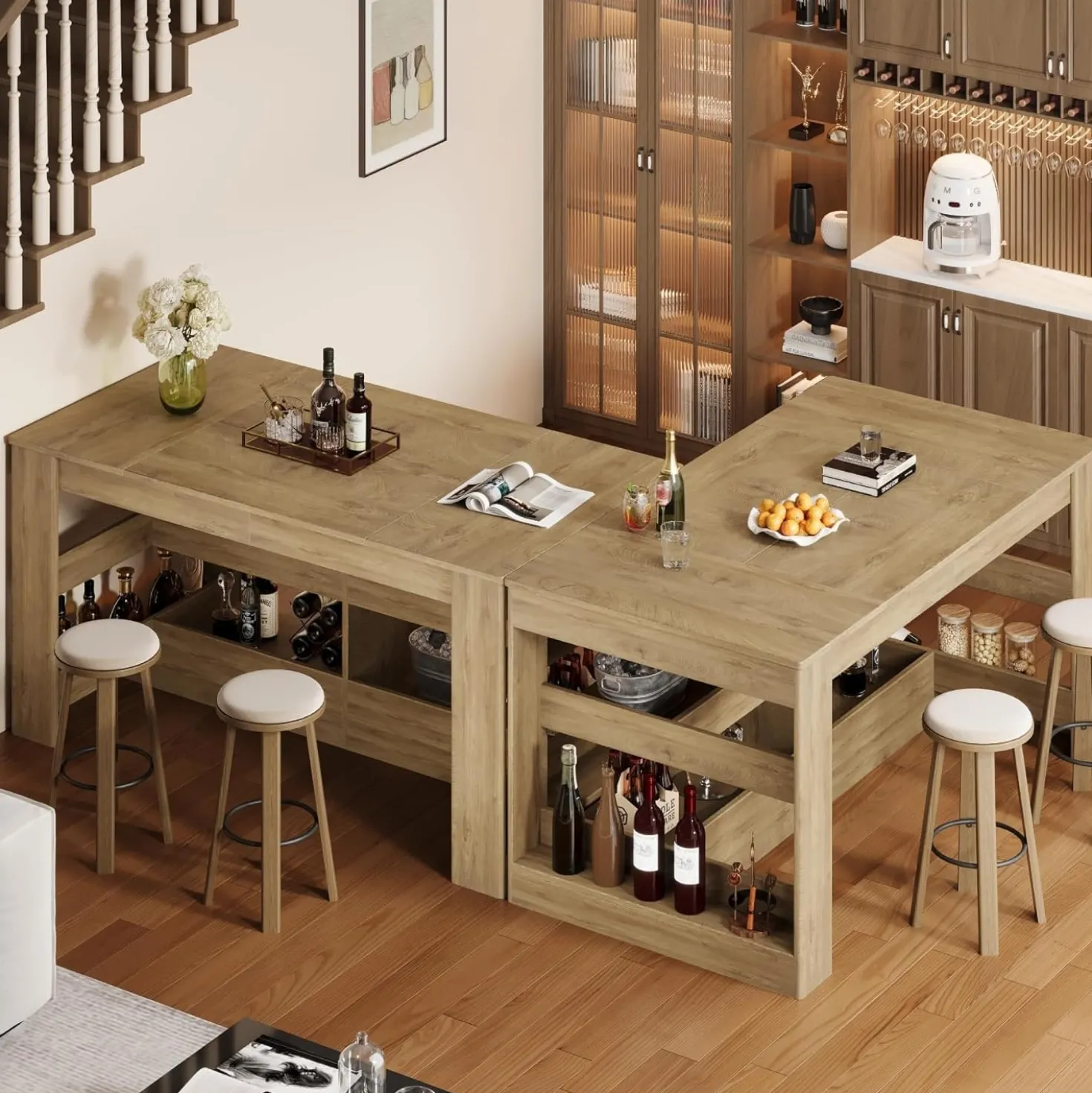 63" Rectangular Bar Table, Counter Height Pub Table with Storage Shelves for Home Bar