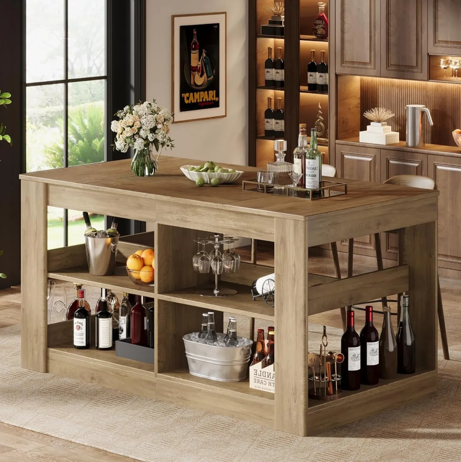 63" Rectangular Bar Table, Counter Height Pub Table with Storage Shelves for Home Bar