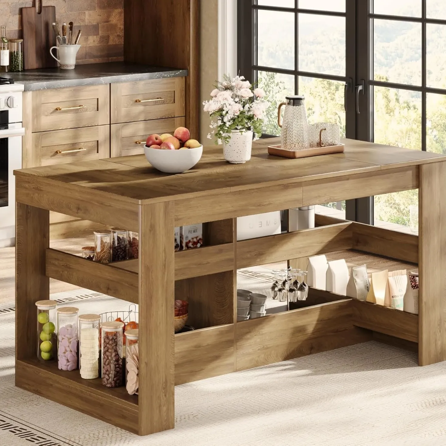 63" Rectangular Bar Table, Counter Height Pub Table with Storage Shelves for Home Bar