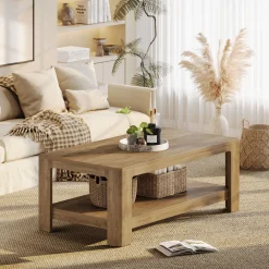 47.24" Rectangular Coffee Table with 2-Tier Storage, Wood Center Table for Living Room