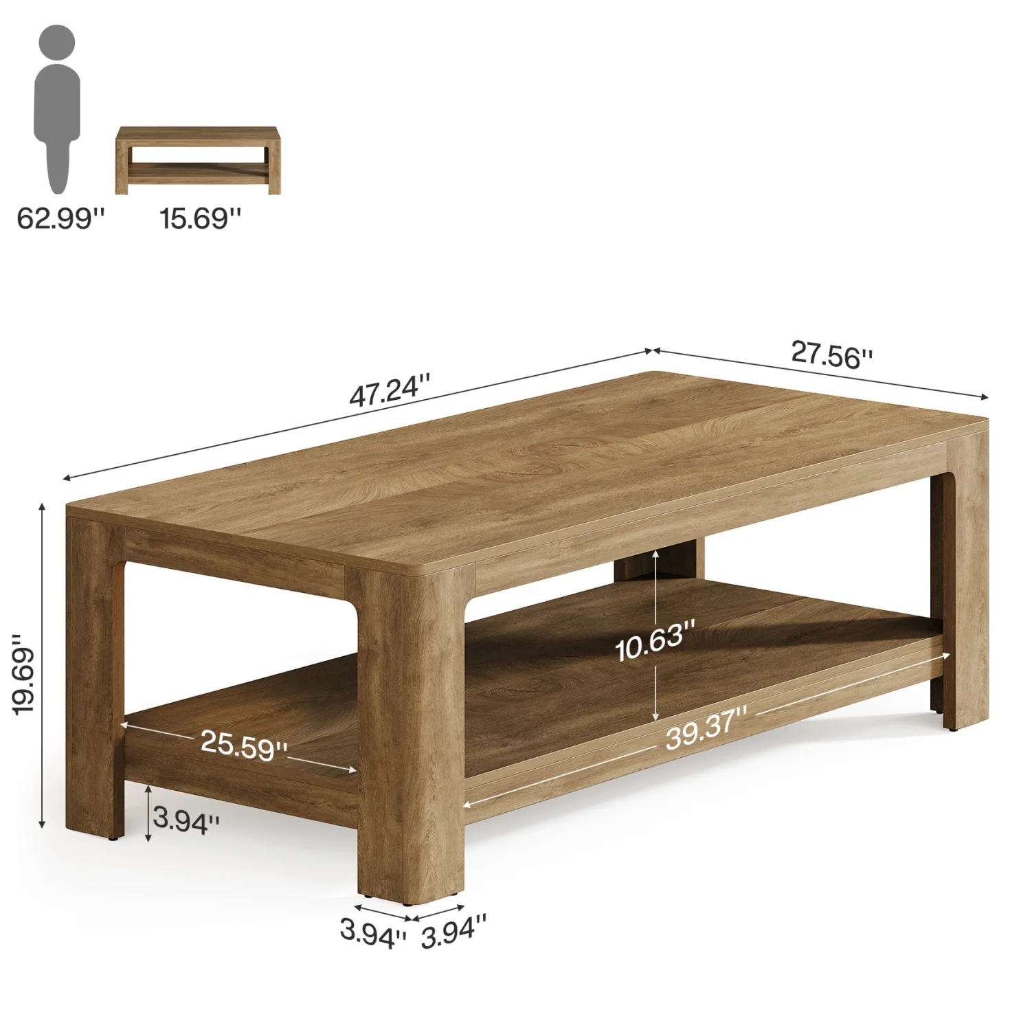 47.24" Rectangular Coffee Table with 2-Tier Storage, Wood Center Table for Living Room