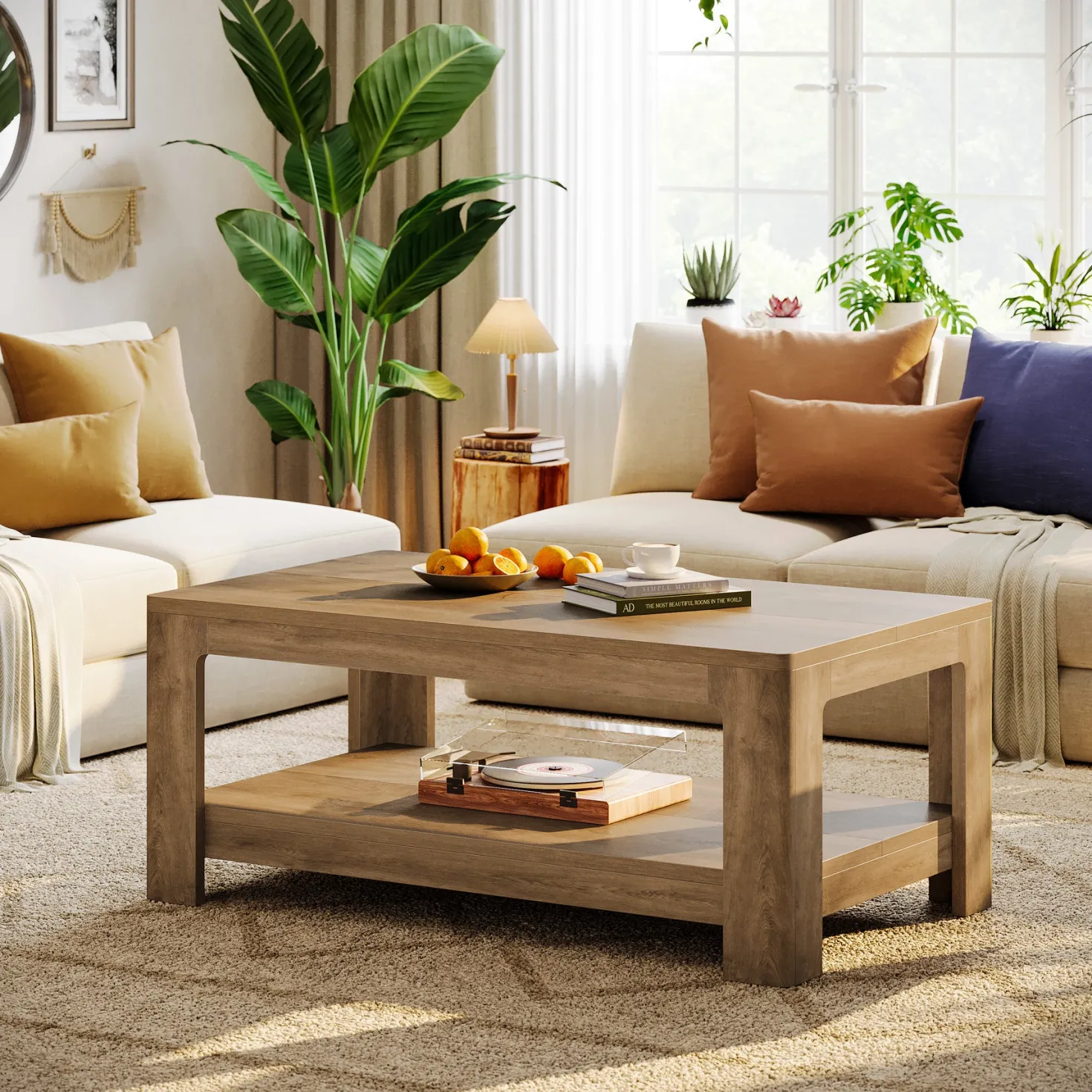 47.24" Rectangular Coffee Table with 2-Tier Storage, Wood Center Table for Living Room