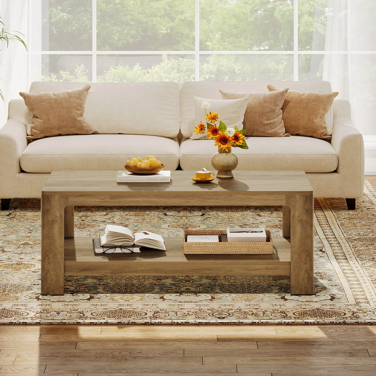 47.24" Rectangular Coffee Table with 2-Tier Storage, Wood Center Table for Living Room