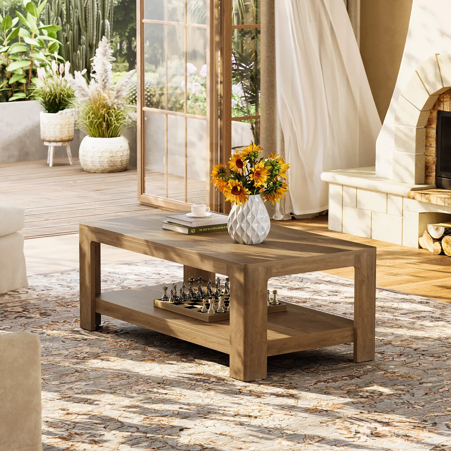 47.24" Rectangular Coffee Table with 2-Tier Storage, Wood Center Table for Living Room