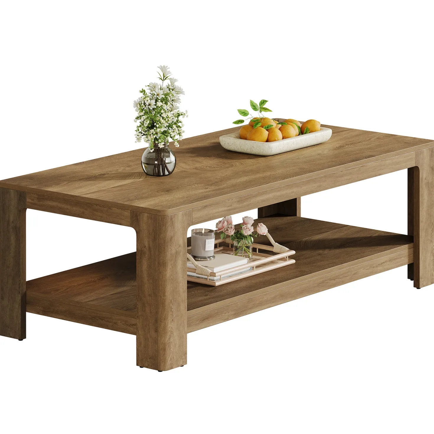 47.24" Rectangular Coffee Table with 2-Tier Storage, Wood Center Table for Living Room