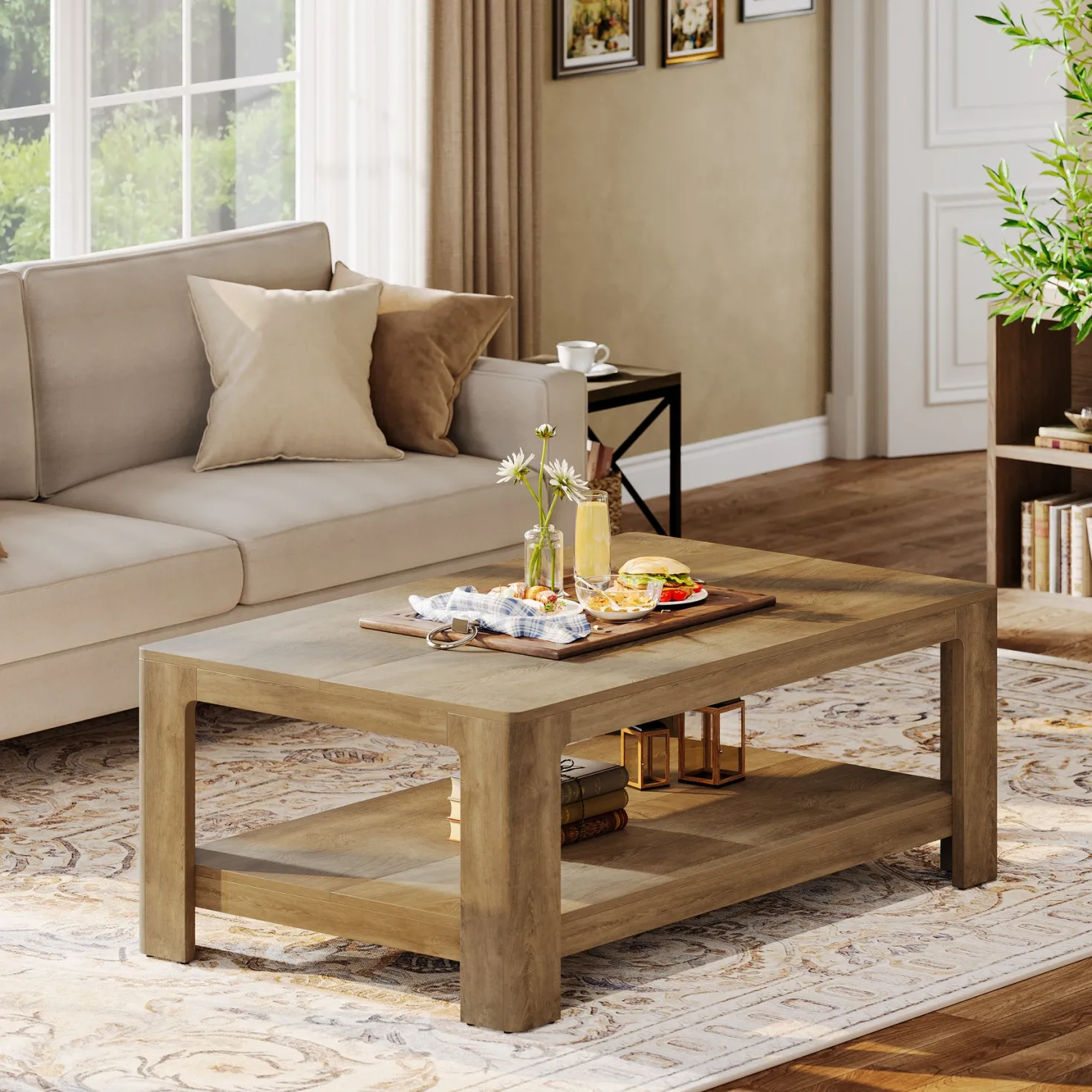 47.24" Rectangular Coffee Table with 2-Tier Storage, Wood Center Table for Living Room