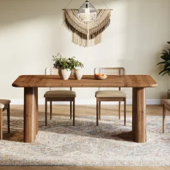 63" Rectangular Dining Table, Solid Wood Kitchen Dinner Table With Double Pedestal Legs