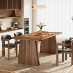 63" Rectangular Dining Table, Solid Wood Kitchen Dinner Table With Double Pedestal Legs
