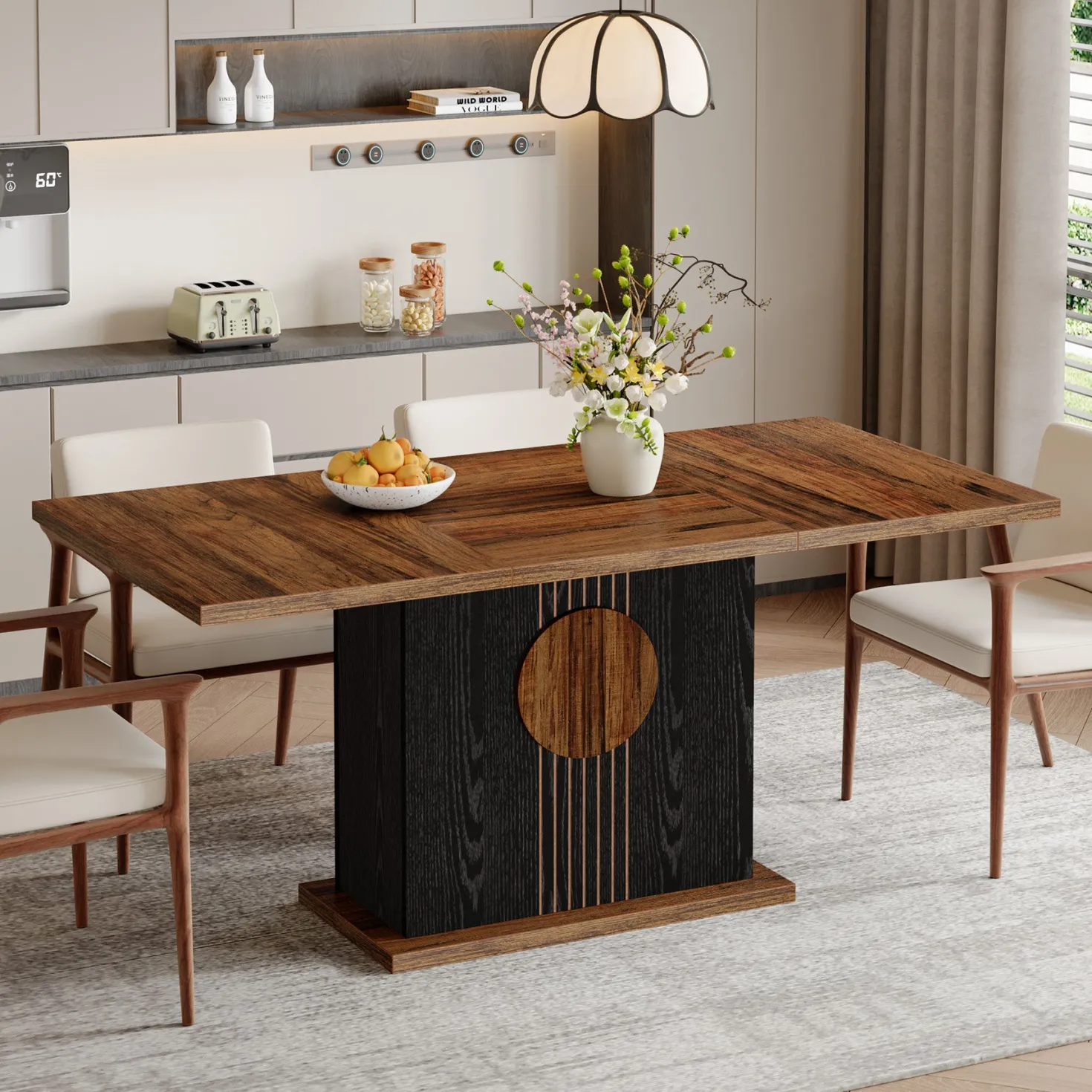 55" Rectangular Dining Table for 4–6 People, Farmhouse Wood Kitchen Table