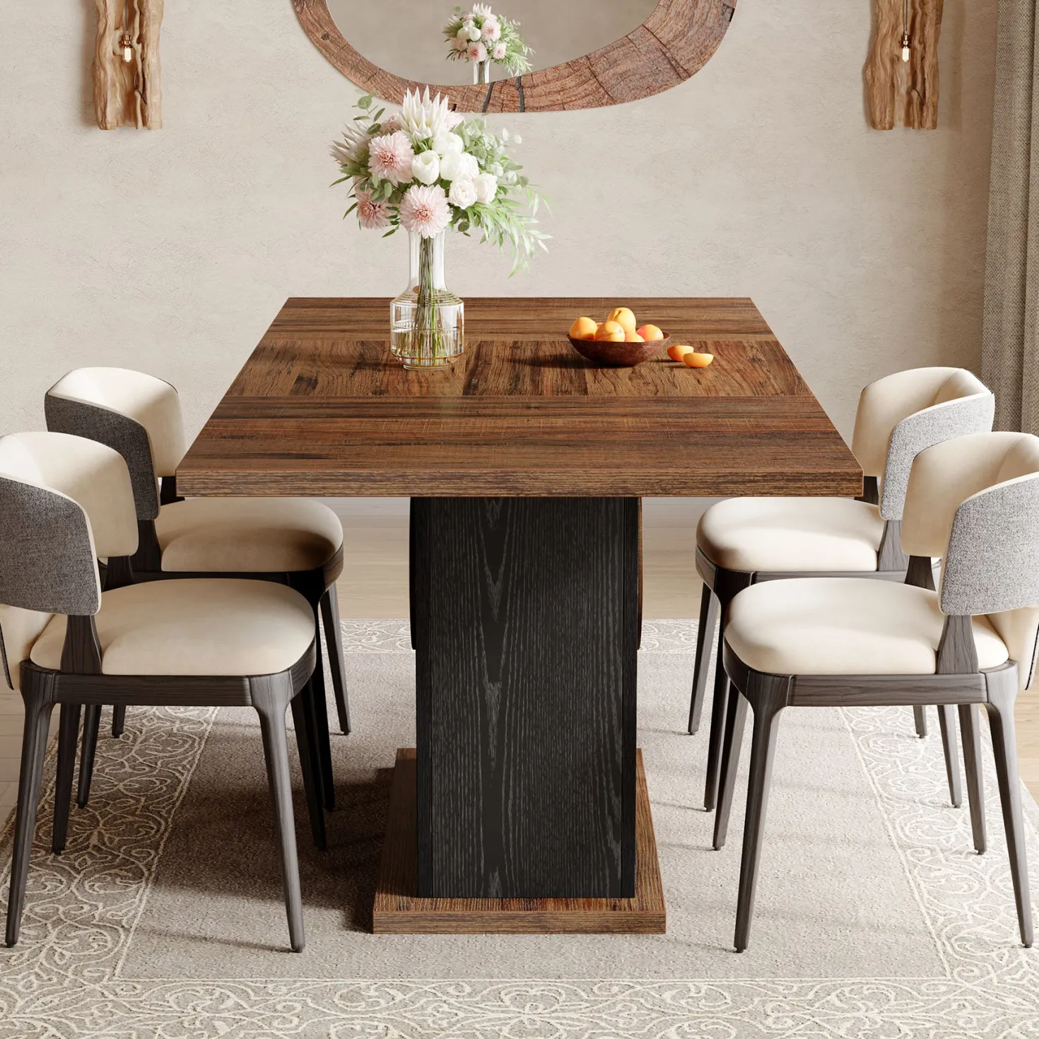 55" Rectangular Dining Table for 4–6 People, Farmhouse Wood Kitchen Table