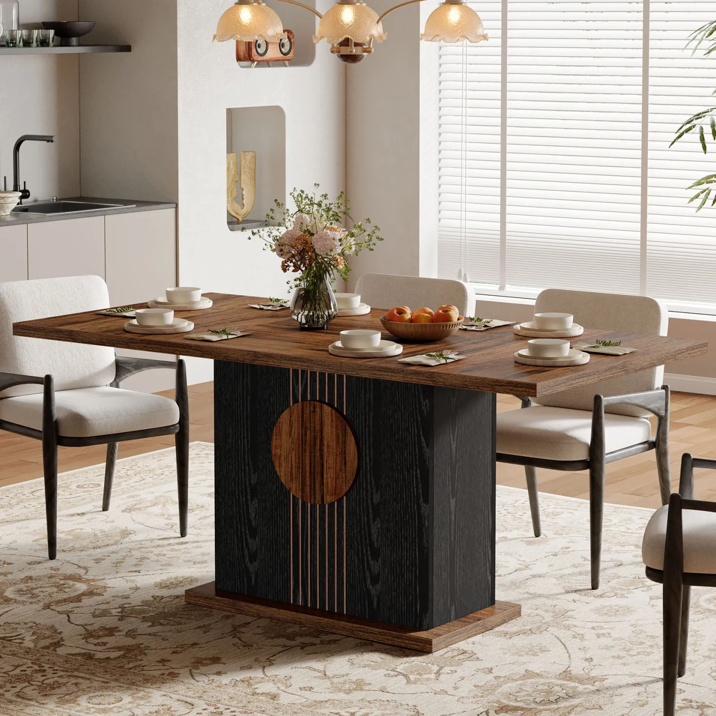 55" Rectangular Dining Table for 4–6 People, Farmhouse Wood Kitchen Table