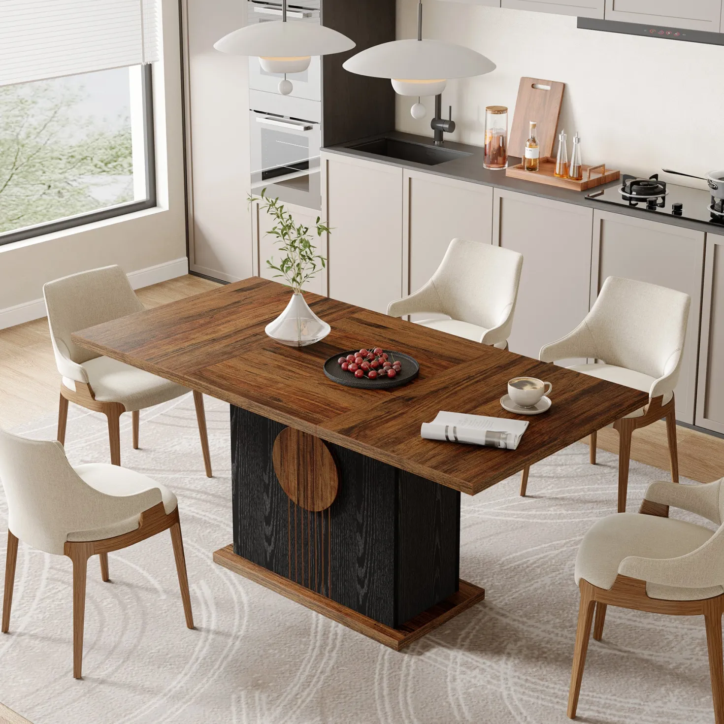 55" Rectangular Dining Table for 4–6 People, Farmhouse Wood Kitchen Table