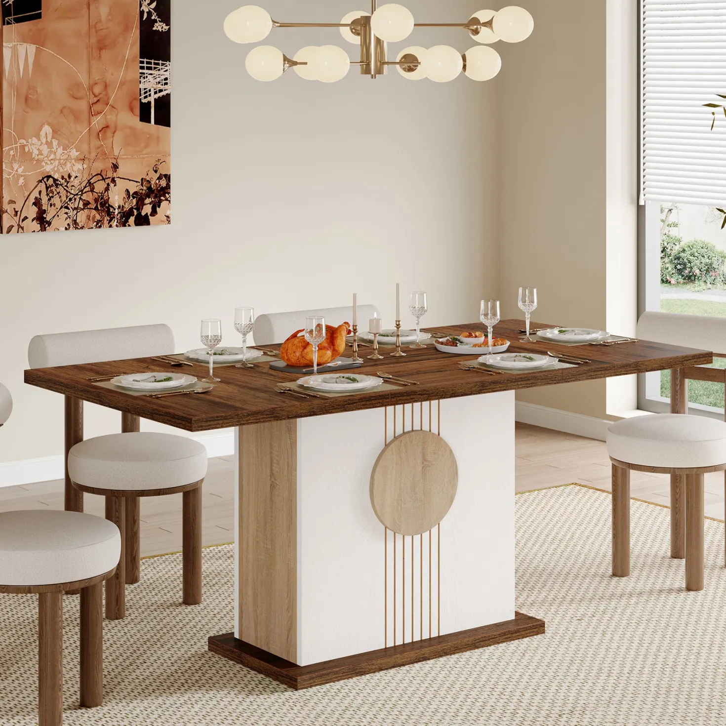 55" Rectangular Dining Table for 4–6 People, Farmhouse Wood Kitchen Table