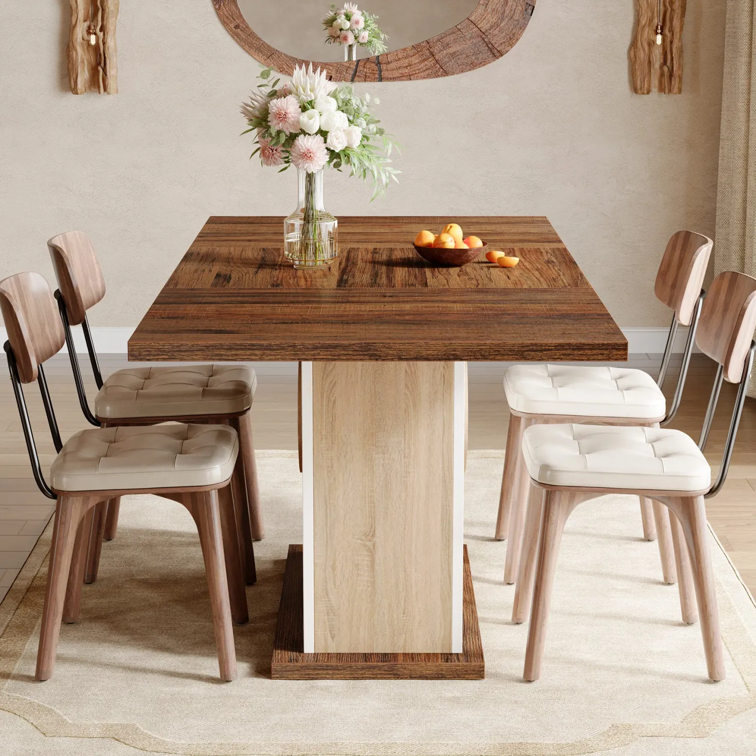 55" Rectangular Dining Table for 4–6 People, Farmhouse Wood Kitchen Table