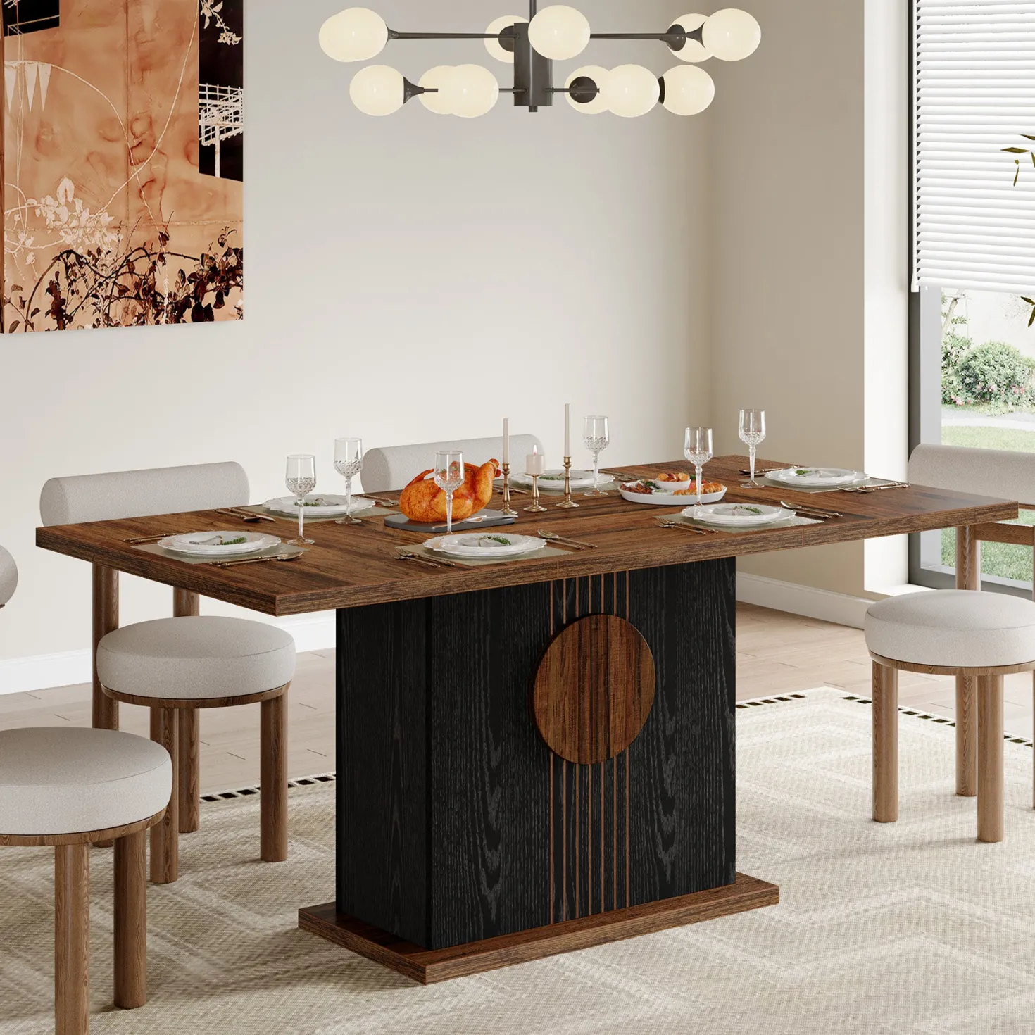 55" Rectangular Dining Table for 4–6 People, Farmhouse Wood Kitchen Table