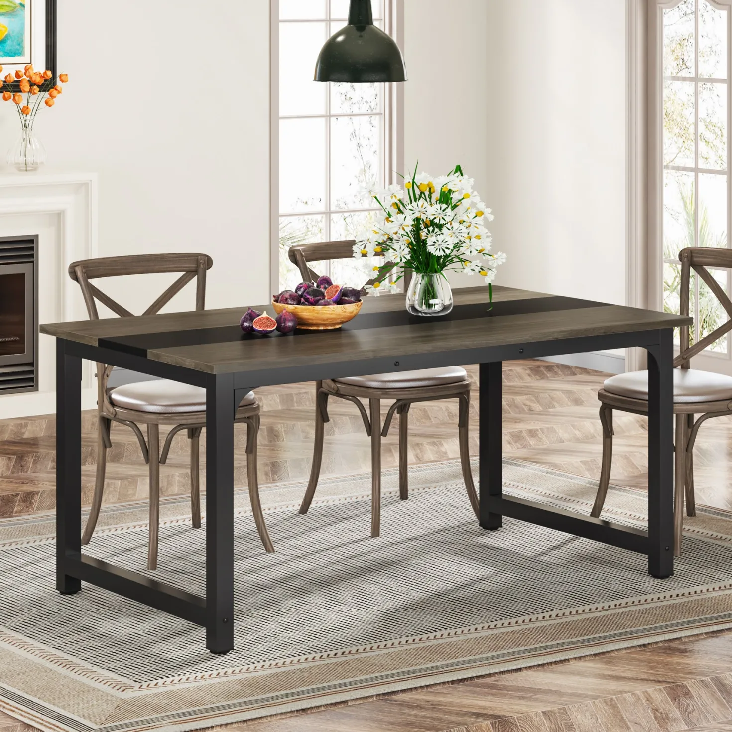 63" Rectangular Dining Table for 6–8 People, Industrial Wood Kitchen Table