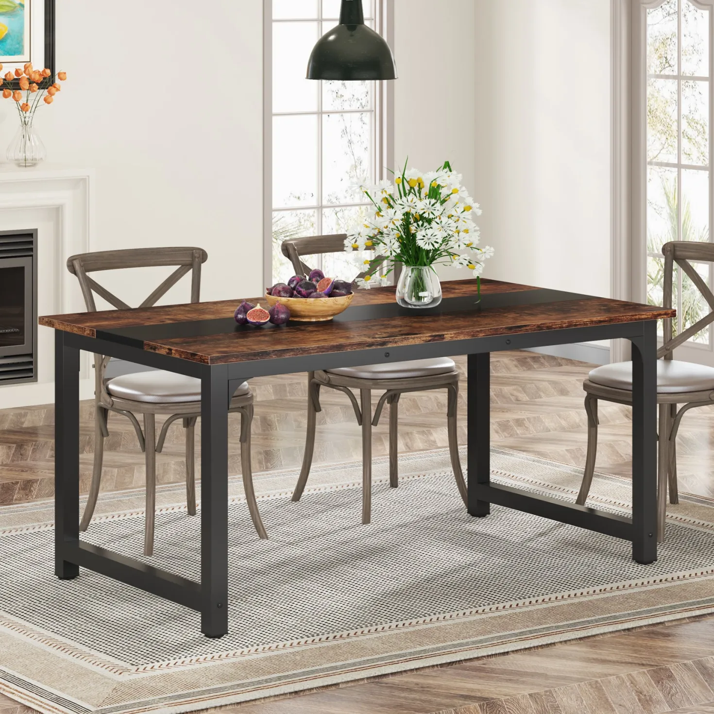 63" Rectangular Dining Table for 6–8 People, Industrial Wood Kitchen Table