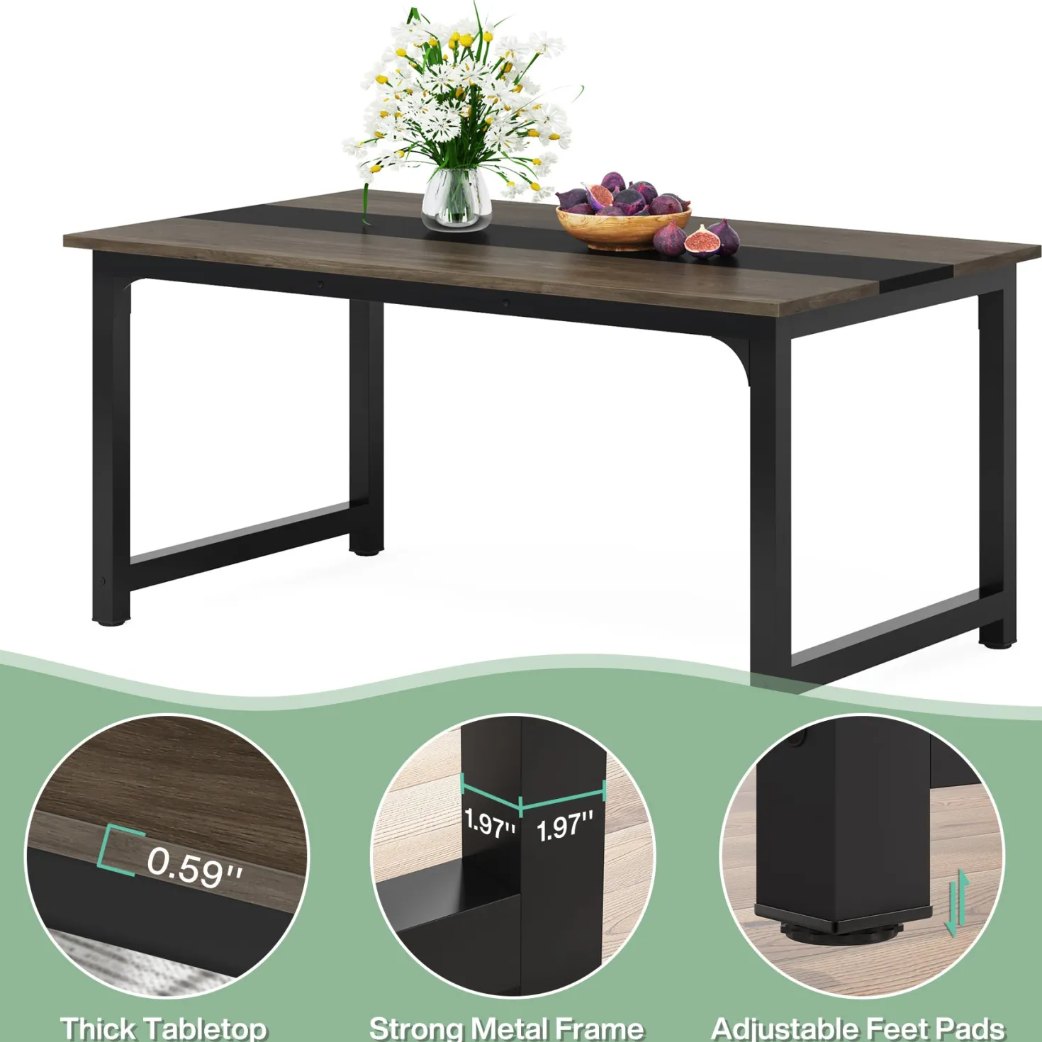 63" Rectangular Dining Table for 6–8 People, Industrial Wood Kitchen Table