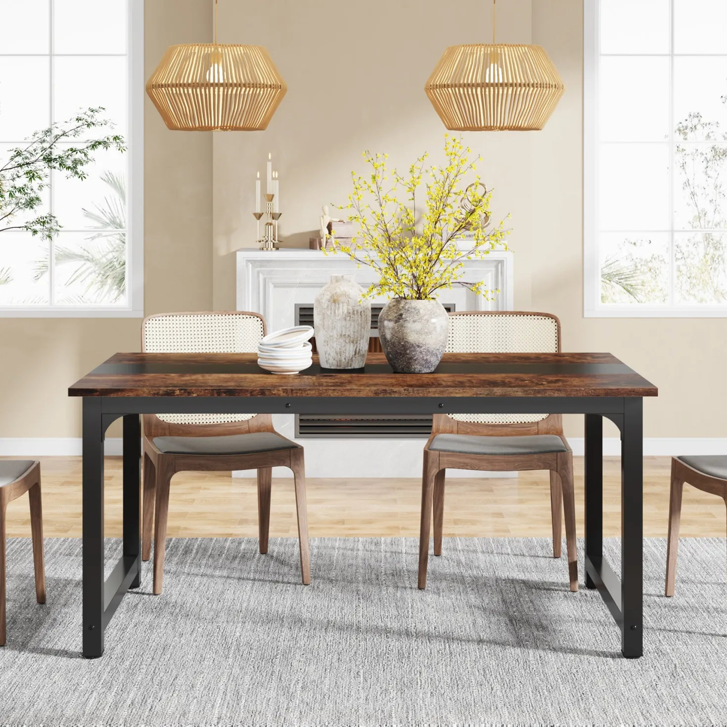 63" Rectangular Dining Table for 6–8 People, Industrial Wood Kitchen Table