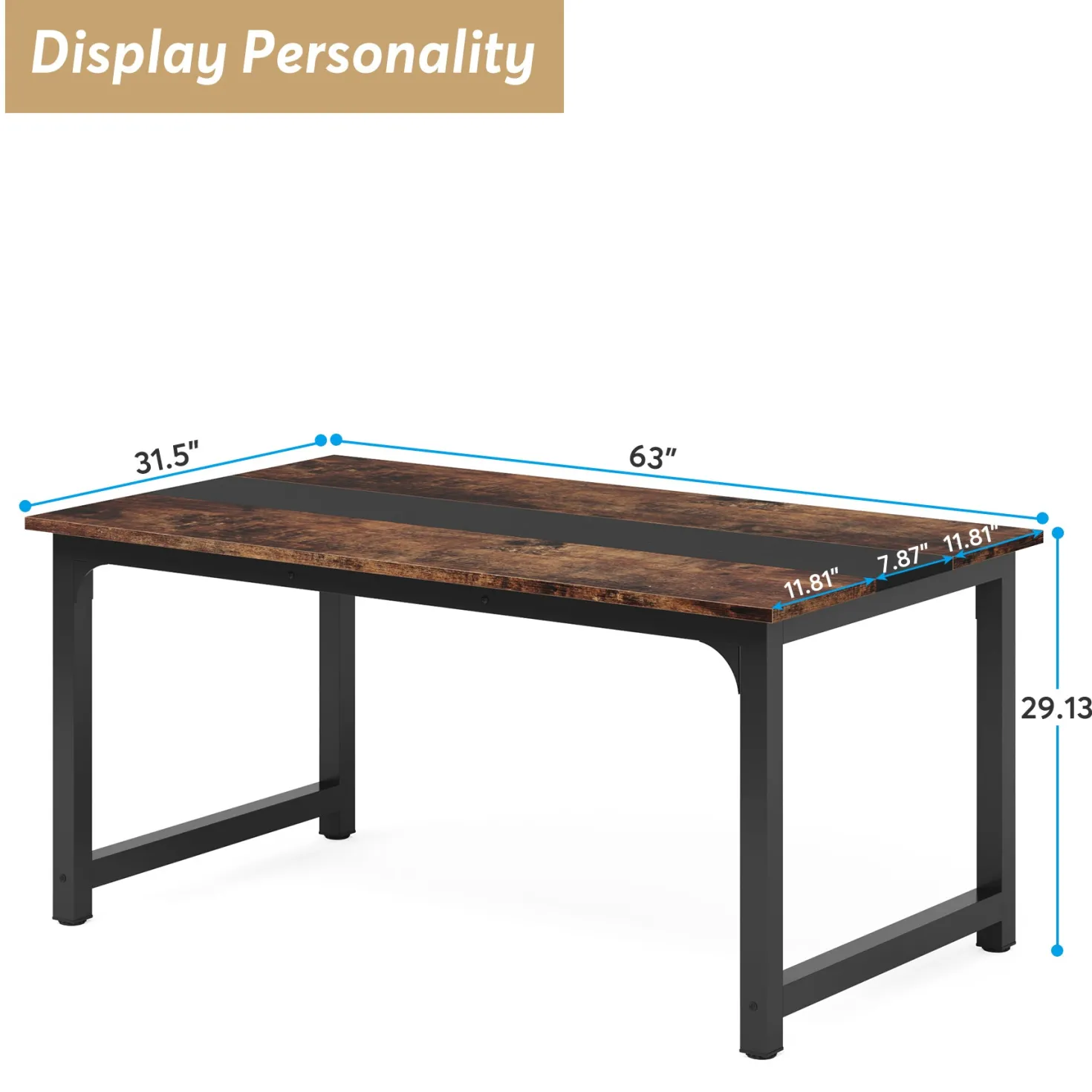 63" Rectangular Dining Table for 6–8 People, Industrial Wood Kitchen Table