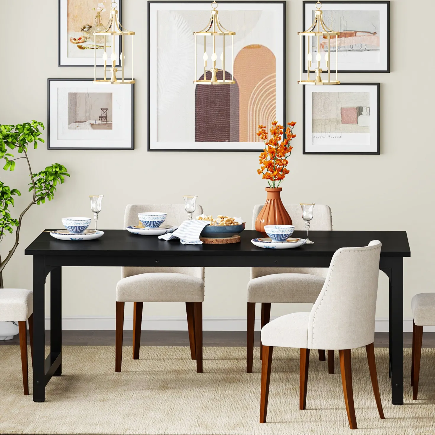 63" Rectangular Dining Table for 6–8 People, Industrial Wood Kitchen Table