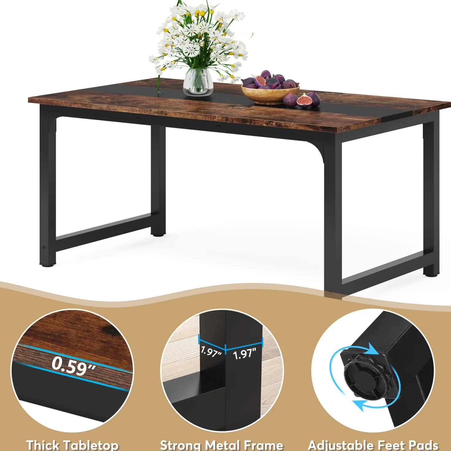 63" Rectangular Dining Table for 6–8 People, Industrial Wood Kitchen Table