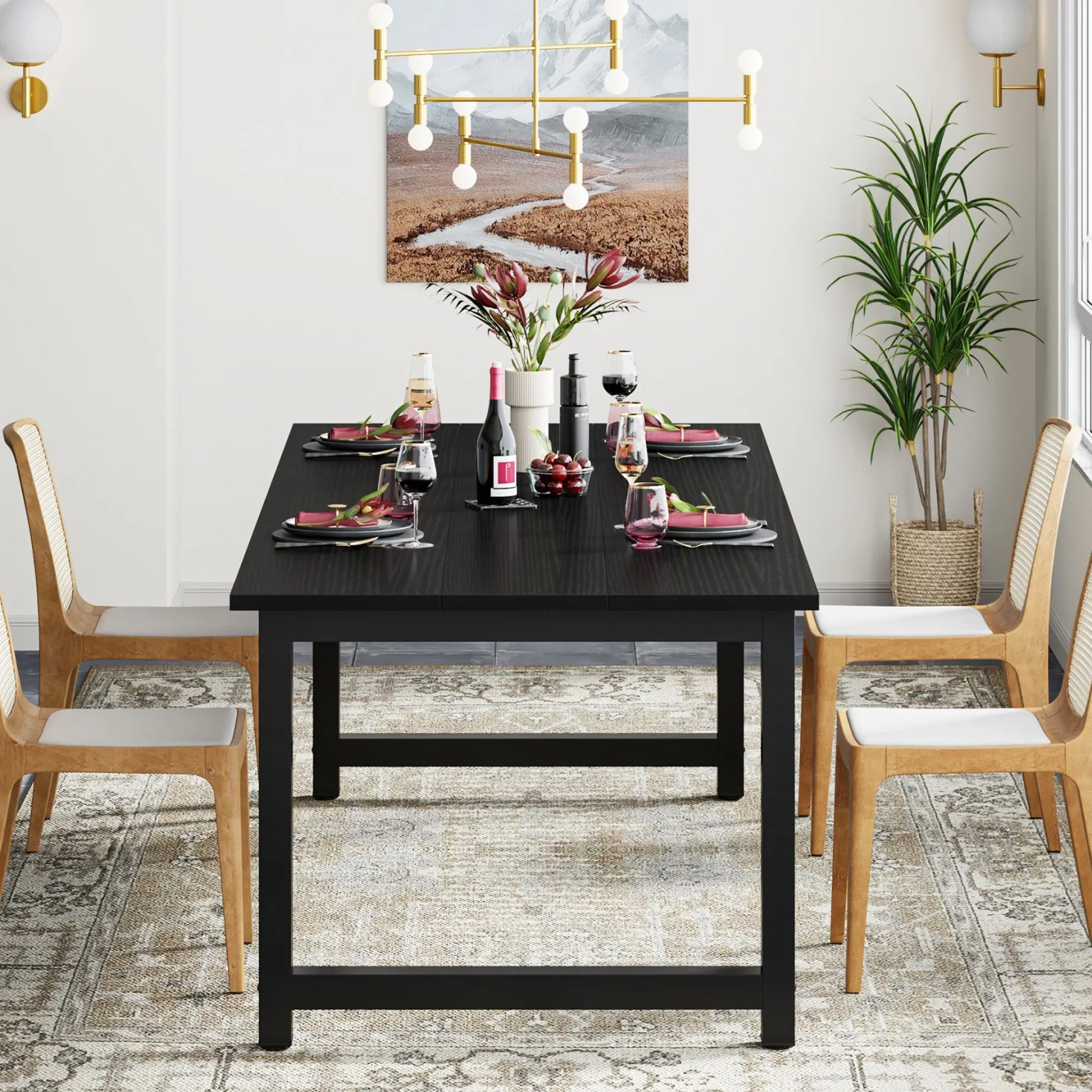 63" Rectangular Dining Table for 6–8 People, Industrial Wood Kitchen Table