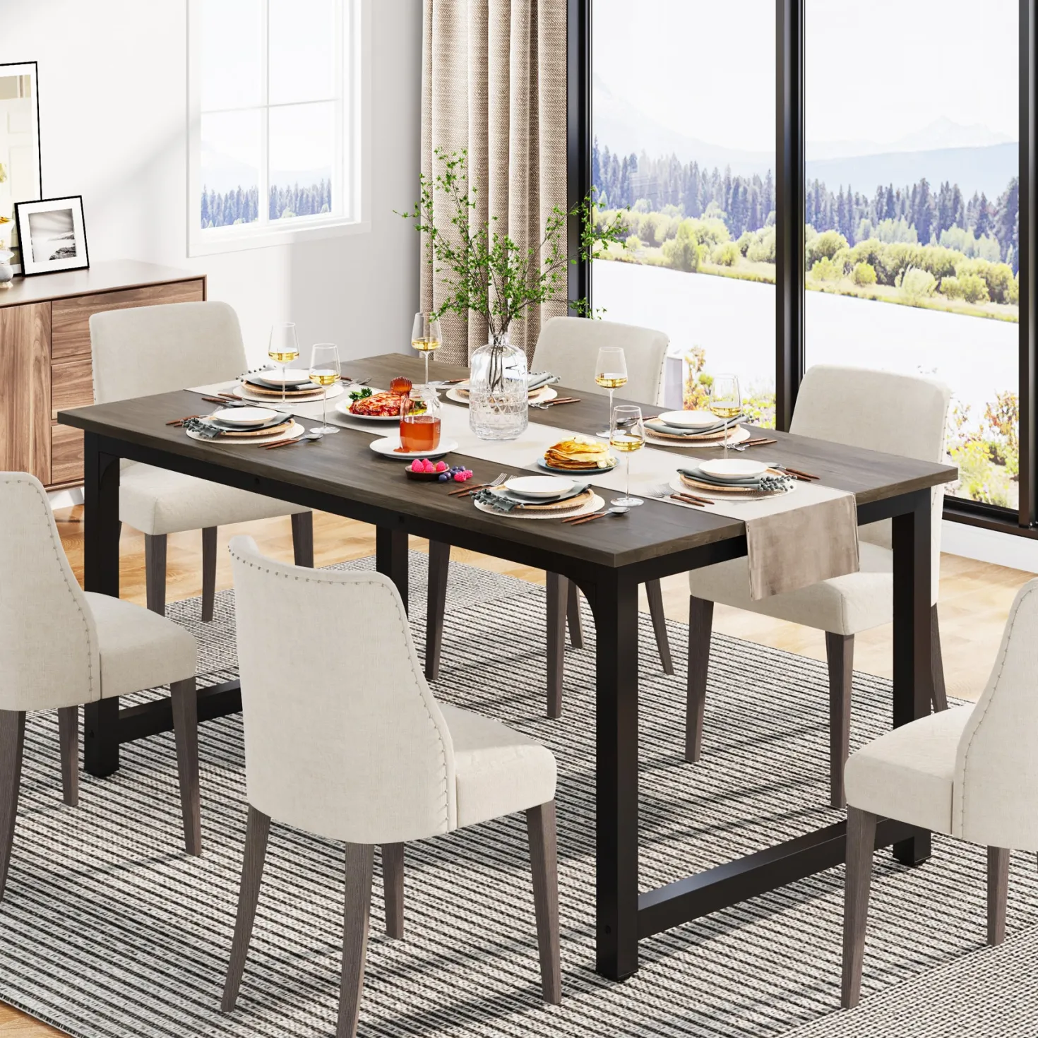 63" Rectangular Dining Table for 6–8 People, Industrial Wood Kitchen Table