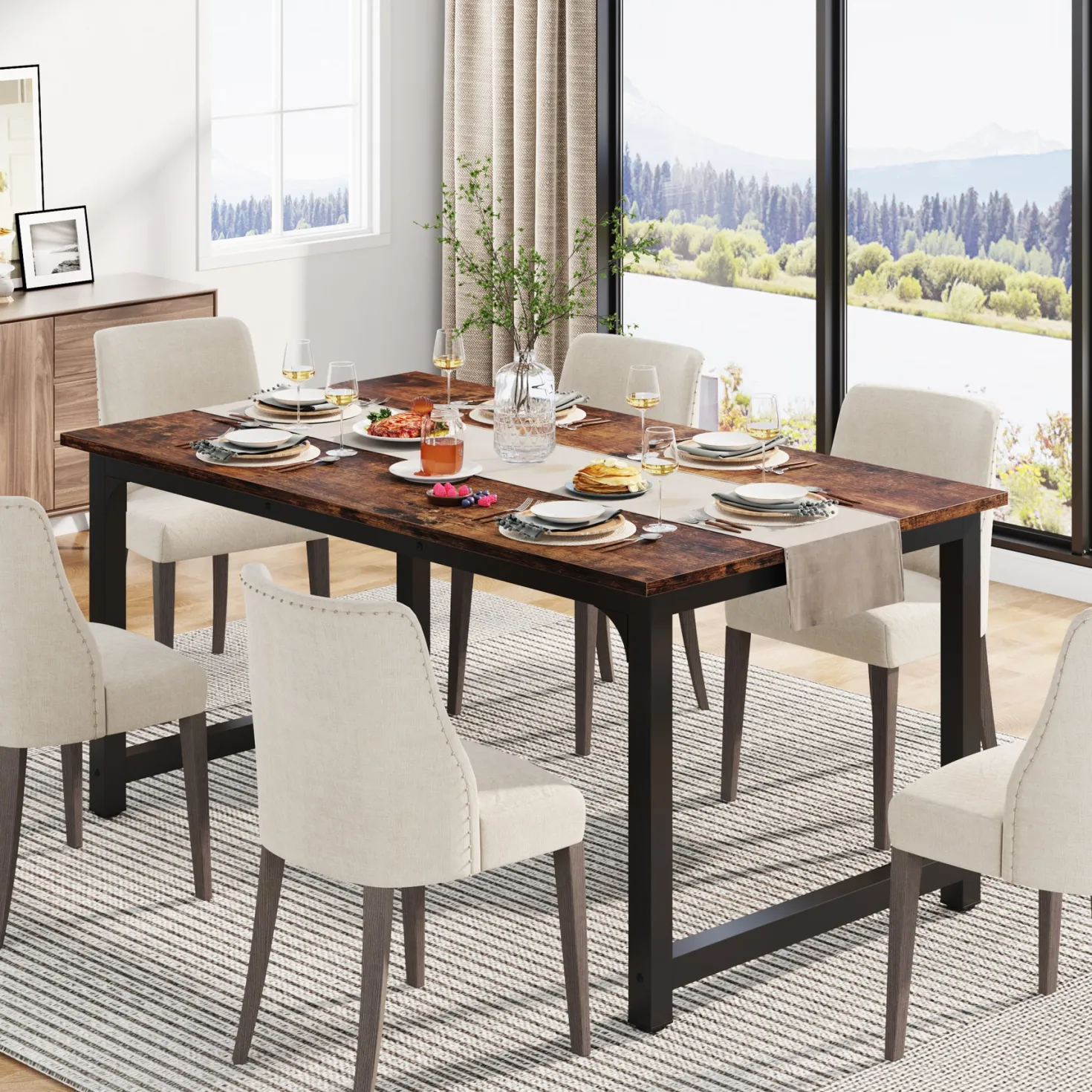 63" Rectangular Dining Table for 6–8 People, Industrial Wood Kitchen Table