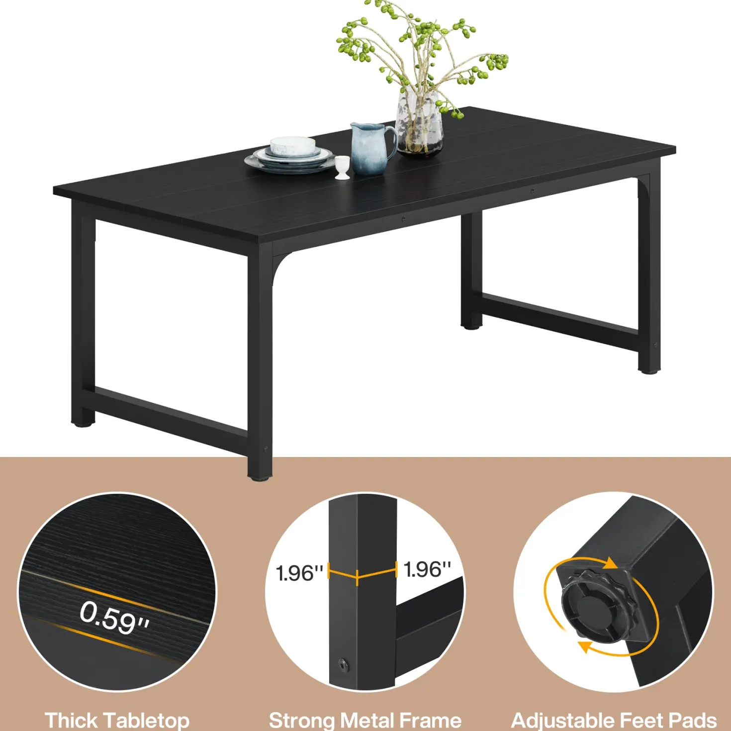 63" Rectangular Dining Table for 6–8 People, Industrial Wood Kitchen Table