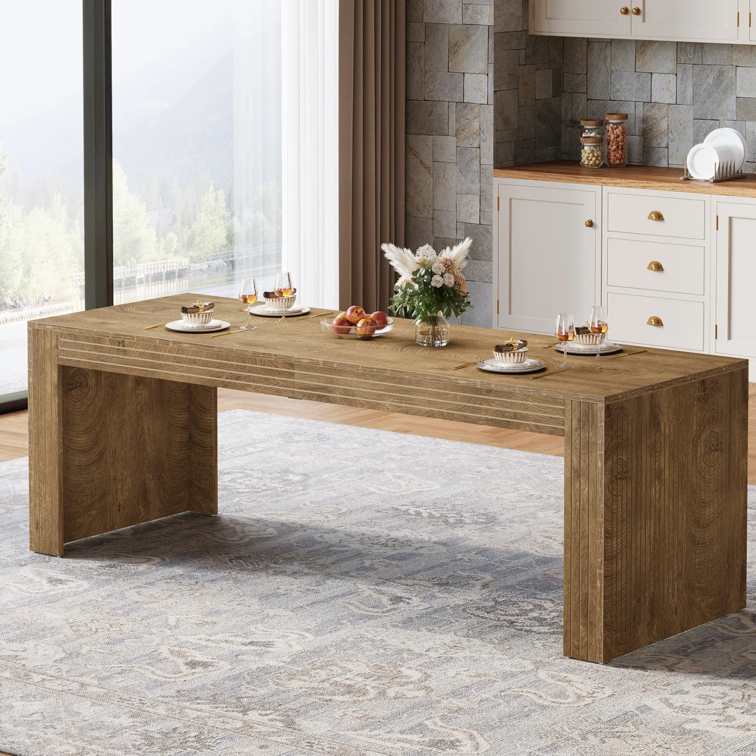 78.7" Rectangular Dining Table, Farmhouse Kitchen Dinner Table for 6-8