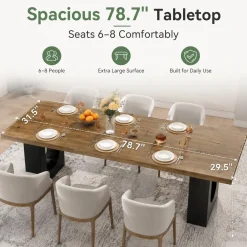 78.7" Rectangular Dining Table, Modern Farmhouse Kitchen Table with Sculptural Pedestal Base for 6-8 People