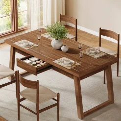 55" Rectangular Dining Table with Drawer & Solid Wood Legs for 4-6