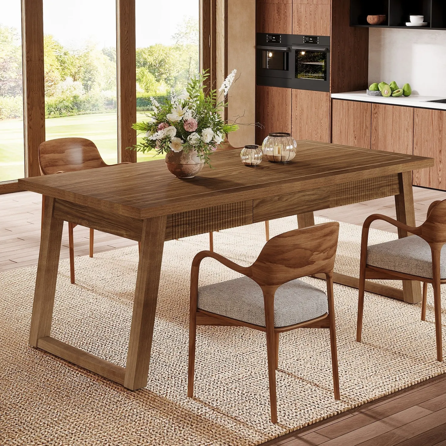 55" Rectangular Dining Table with Drawer & Solid Wood Legs for 4-6