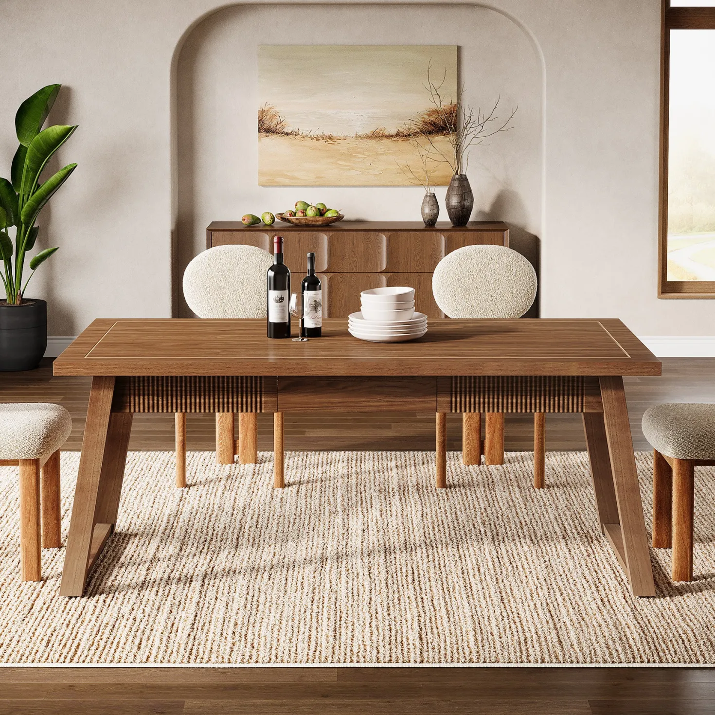 55" Rectangular Dining Table with Drawer & Solid Wood Legs for 4-6