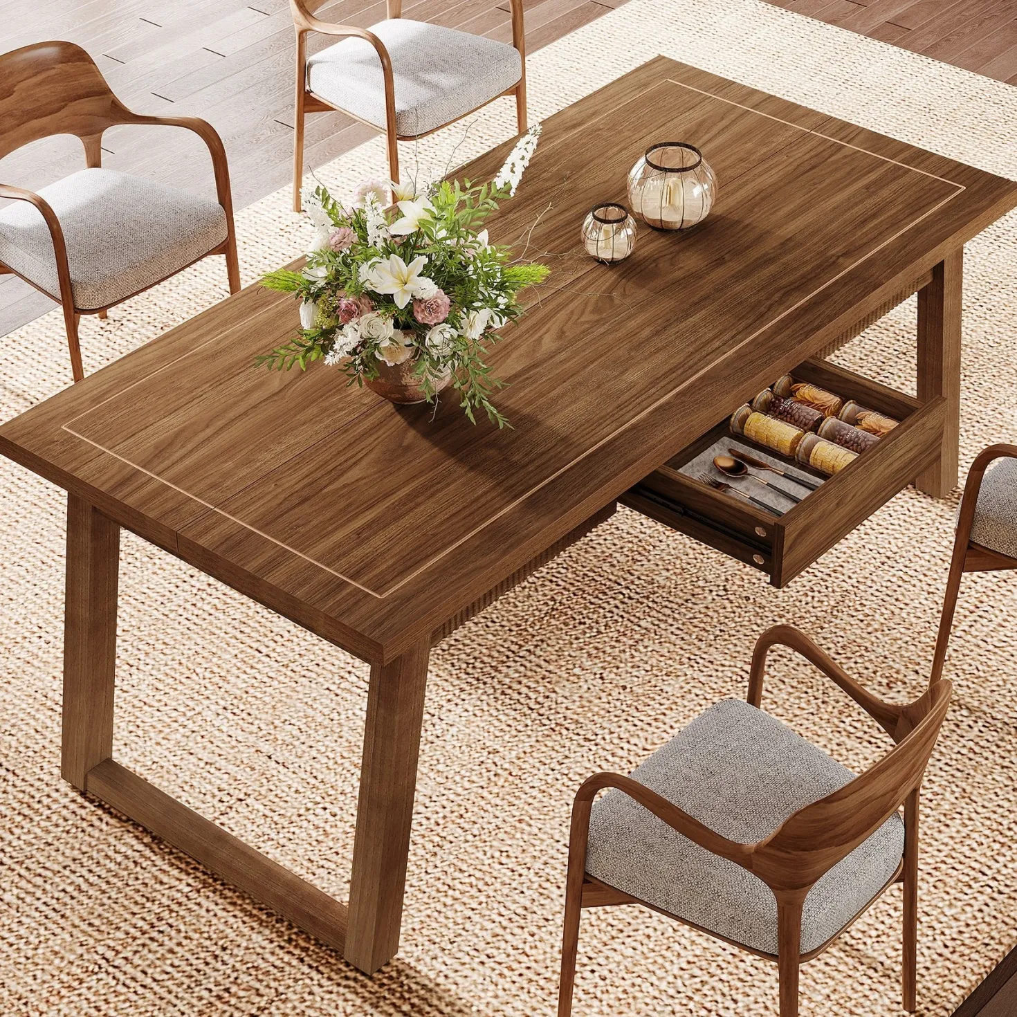 55" Rectangular Dining Table with Drawer & Solid Wood Legs for 4-6
